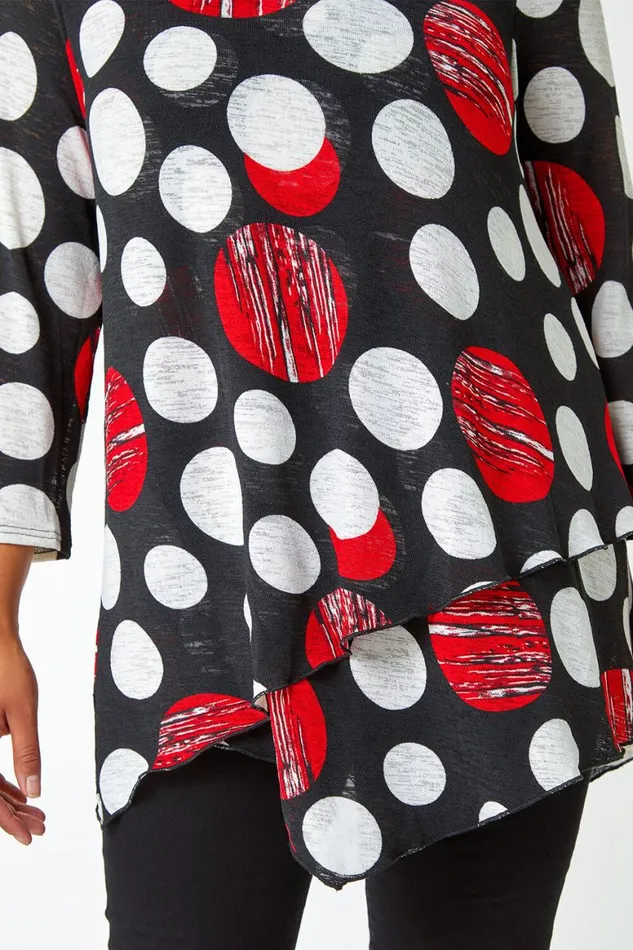Women Red Curve Polka Dot Layered Stretch Top Roman Tops
