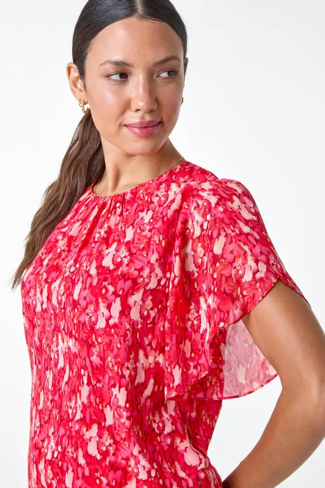 Women Red Ditsy Floral Frill Sleeve Top Roman Tops