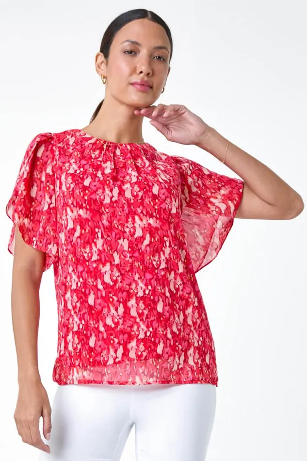 Women Red Ditsy Floral Frill Sleeve Top Roman Tops