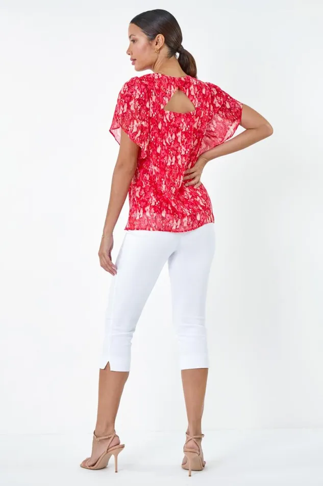 Women Red Ditsy Floral Frill Sleeve Top Roman Tops