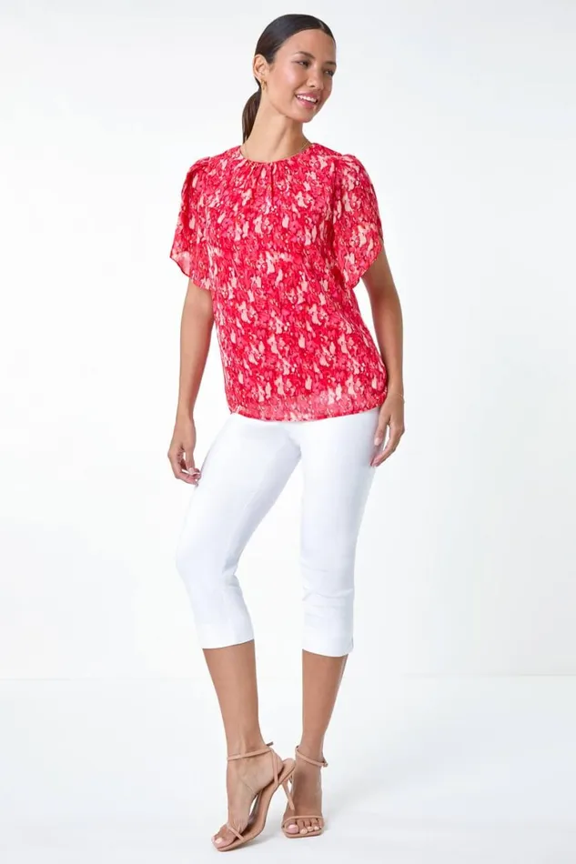 Women Red Ditsy Floral Frill Sleeve Top Roman Tops