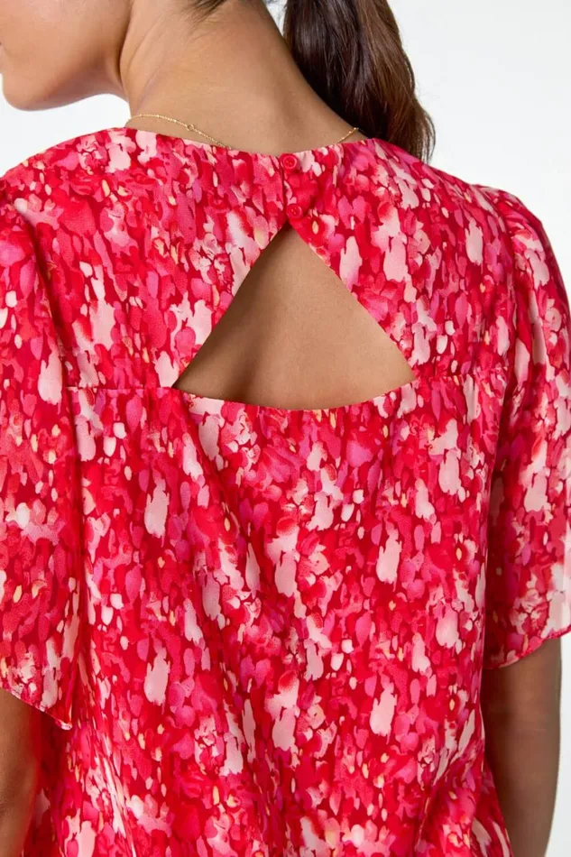 Women Red Ditsy Floral Frill Sleeve Top Roman Tops
