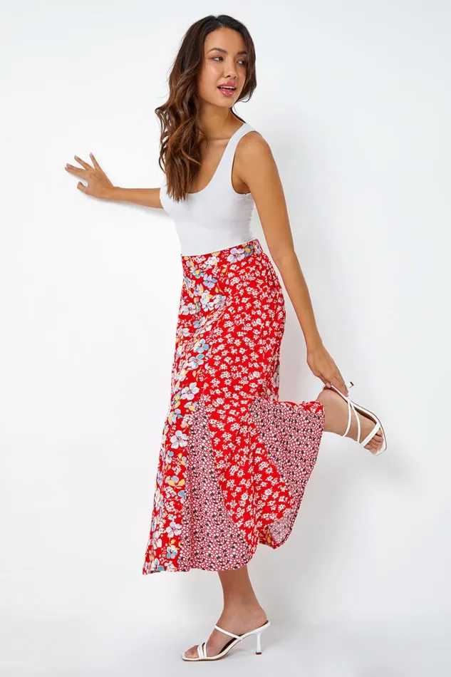 Women Red Ditsy Floral Print A Line Midi Skirt Roman Skirts