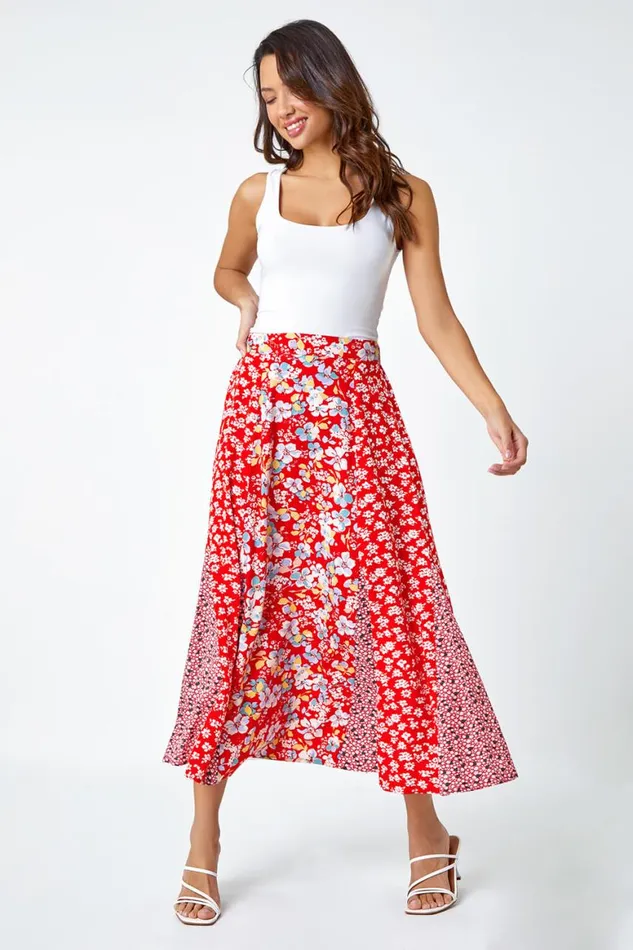 Women Red Ditsy Floral Print A Line Midi Skirt Roman Skirts