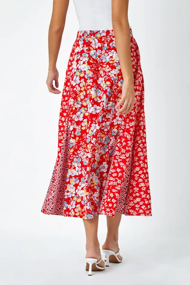 Women Red Ditsy Floral Print A Line Midi Skirt Roman Skirts