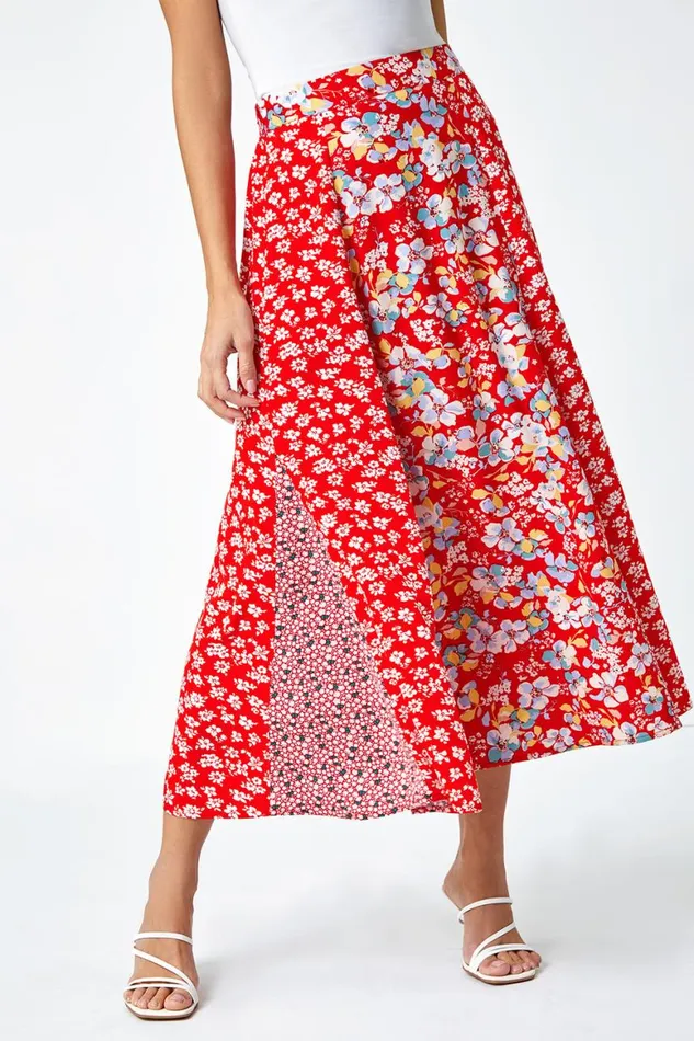 Women Red Ditsy Floral Print A Line Midi Skirt Roman Skirts