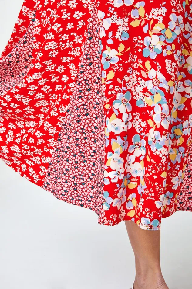 Women Red Ditsy Floral Print A Line Midi Skirt Roman Skirts