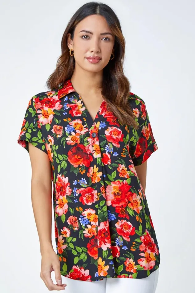 Women Red Floral Button Short Sleeve VNeck Shirt Roman Tops