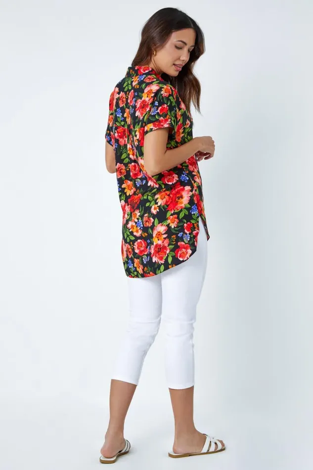 Women Red Floral Button Short Sleeve VNeck Shirt Roman Tops