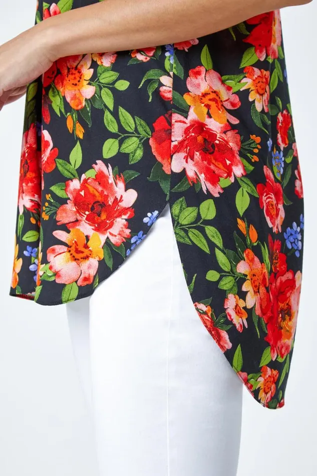 Women Red Floral Button Short Sleeve VNeck Shirt Roman Tops