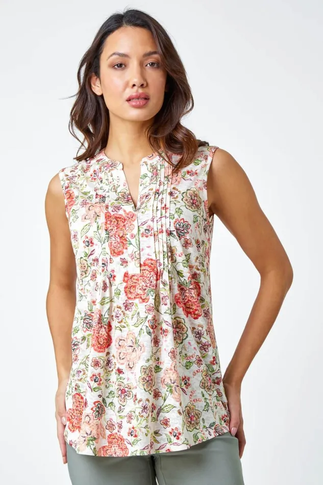 Women Red Floral Pintuck Detail Stretch Top Roman Tops