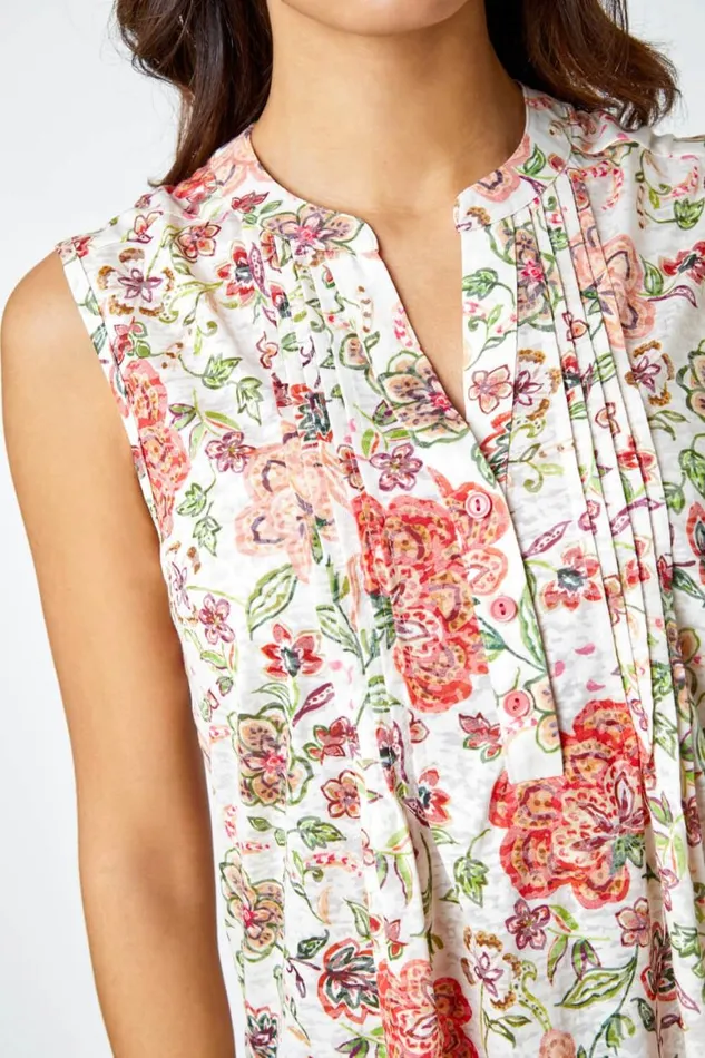 Women Red Floral Pintuck Detail Stretch Top Roman Tops