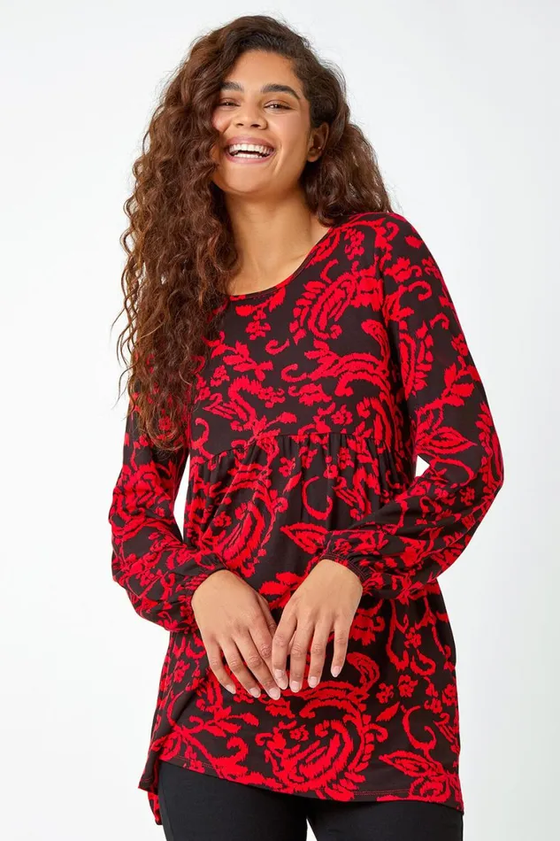 Women Red Floral Pocket Detail Stretch Tunic Top Roman Tops