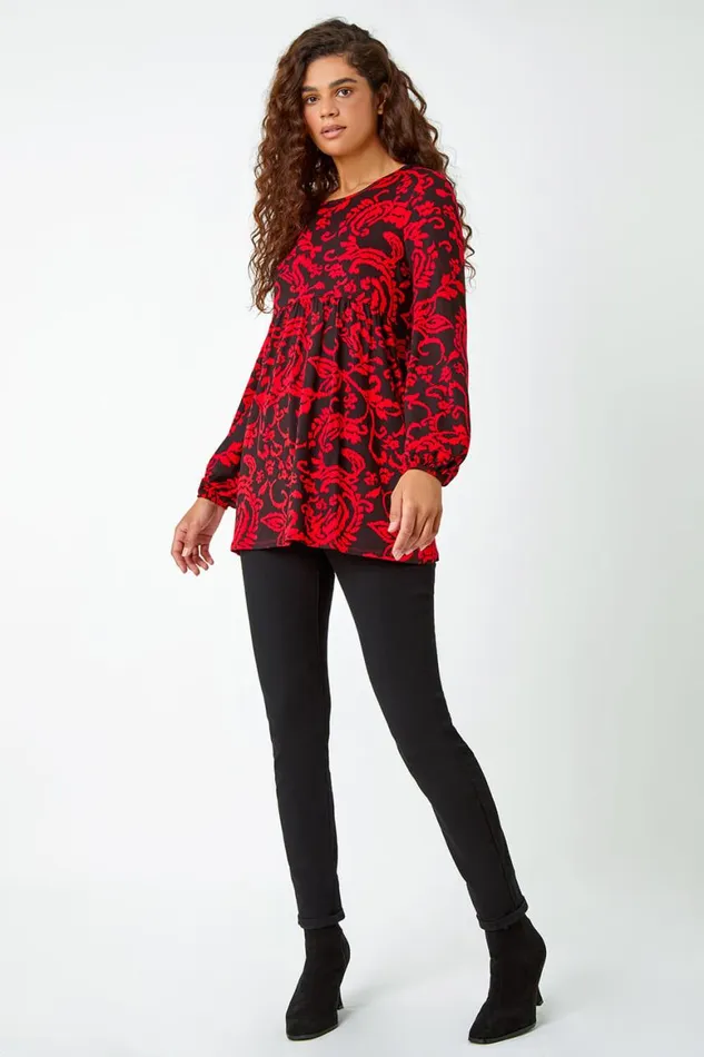 Women Red Floral Pocket Detail Stretch Tunic Top Roman Tops