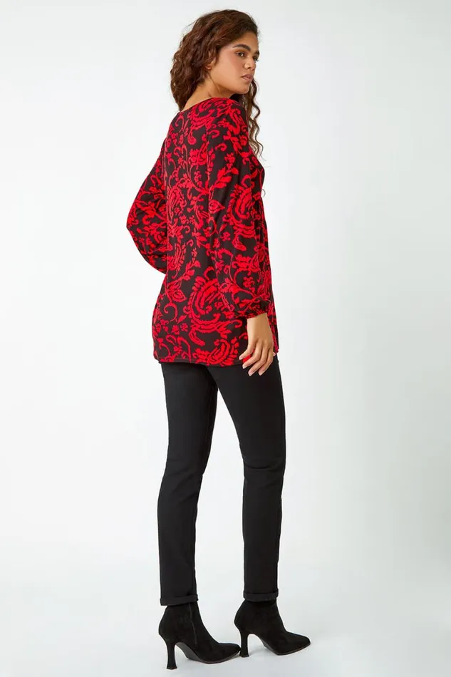 Women Red Floral Pocket Detail Stretch Tunic Top Roman Tops