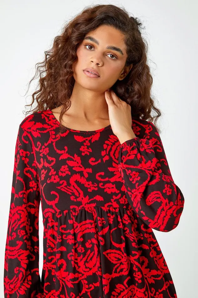 Women Red Floral Pocket Detail Stretch Tunic Top Roman Tops
