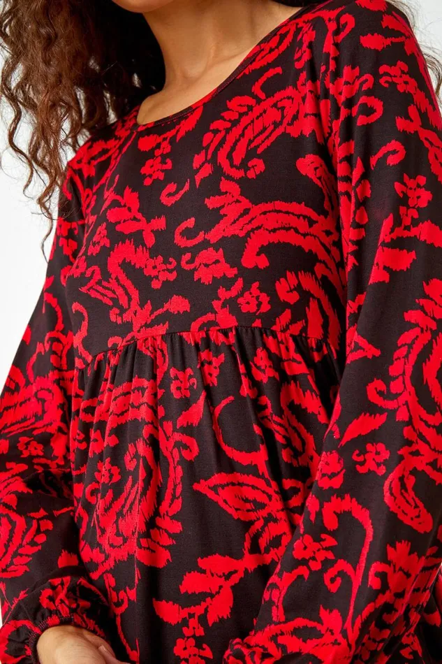 Women Red Floral Pocket Detail Stretch Tunic Top Roman Tops