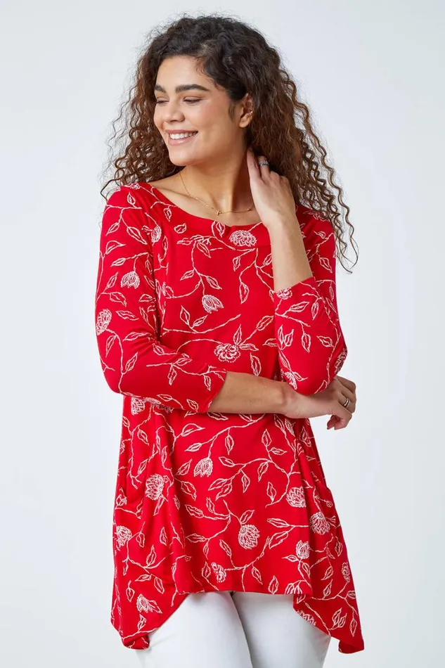 Women Red Floral Print Swing Stretch Top Roman Tops