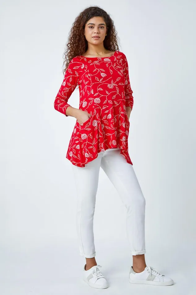 Women Red Floral Print Swing Stretch Top Roman Tops