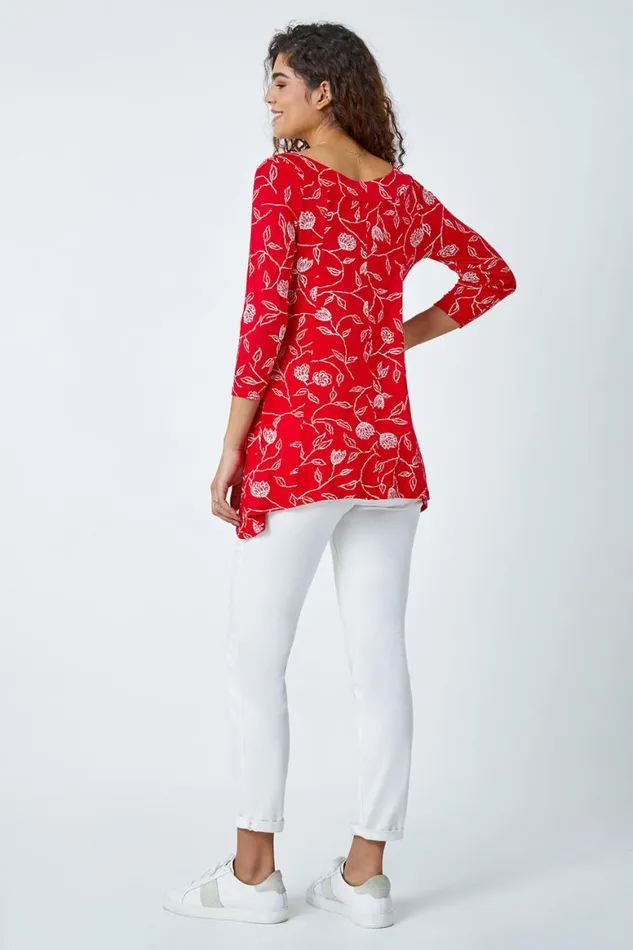Women Red Floral Print Swing Stretch Top Roman Tops