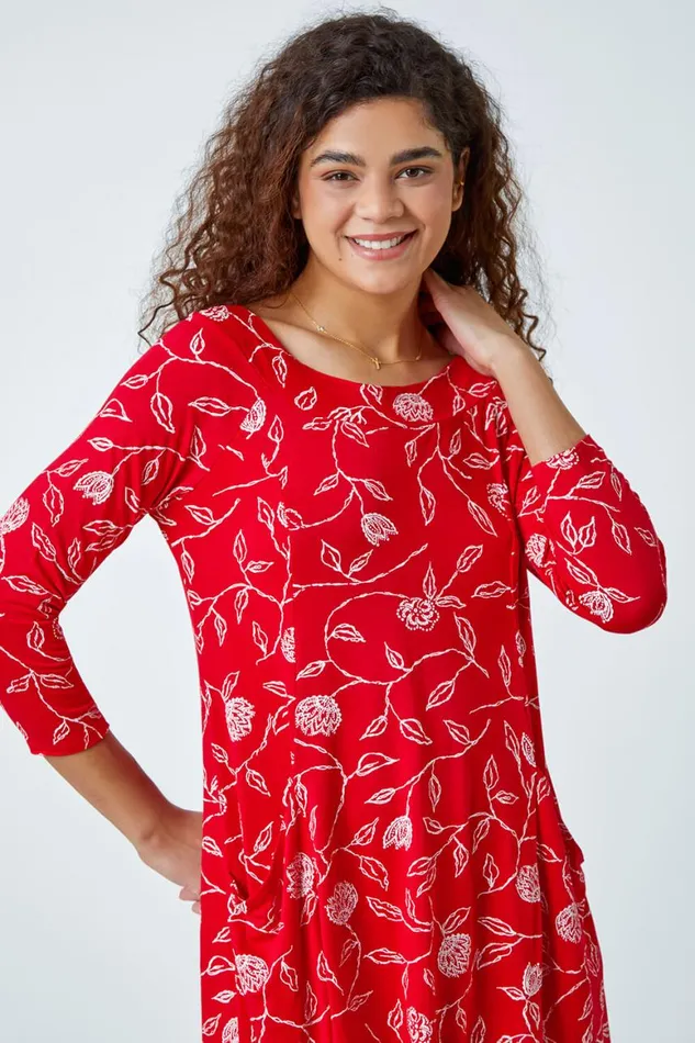 Women Red Floral Print Swing Stretch Top Roman Tops