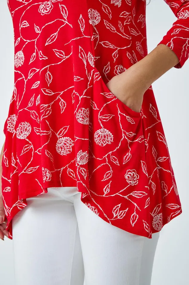 Women Red Floral Print Swing Stretch Top Roman Tops