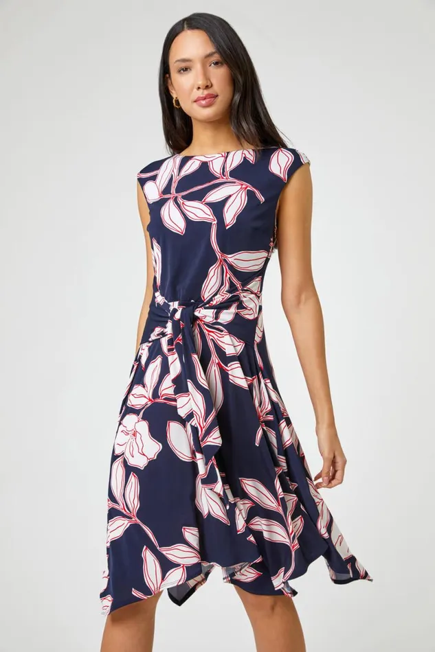 Women Red Floral Tie Waist Hanky Hem Dress Roman Dresses