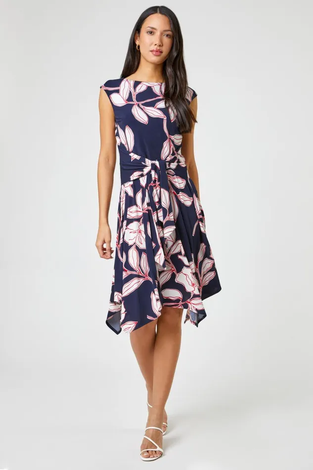 Women Red Floral Tie Waist Hanky Hem Dress Roman Dresses