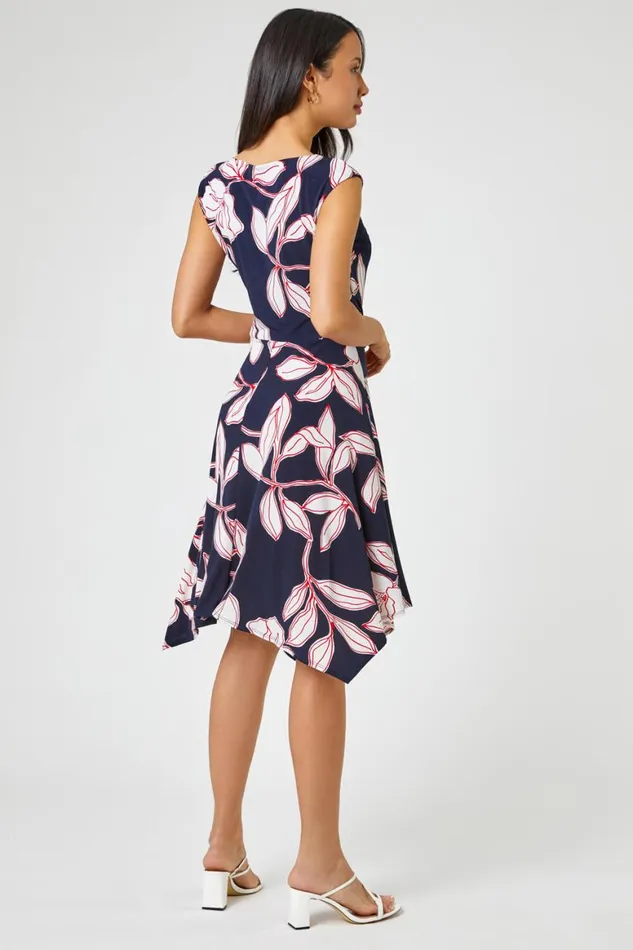 Women Red Floral Tie Waist Hanky Hem Dress Roman Dresses