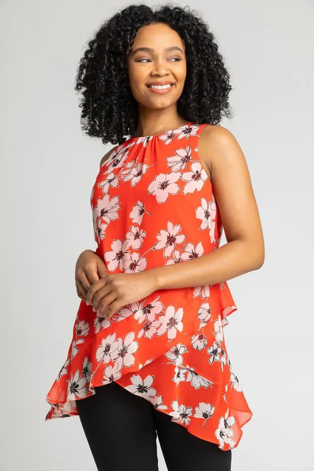 Women Red Petite Floral Print Frill Hem Top Roman Tops