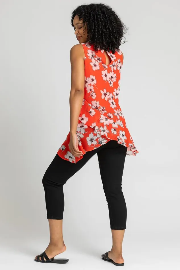 Women Red Petite Floral Print Frill Hem Top Roman Tops