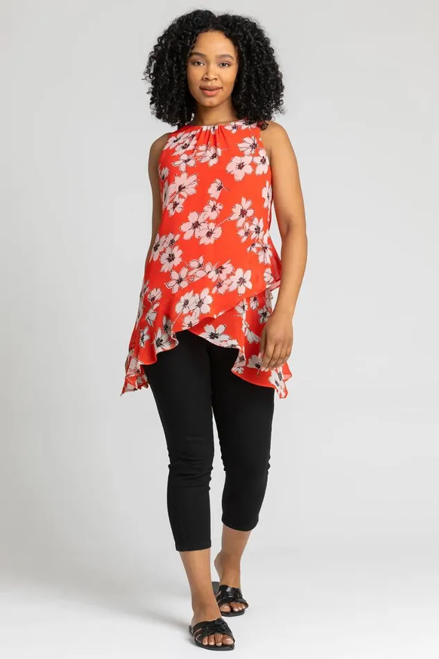 Women Red Petite Floral Print Frill Hem Top Roman Tops