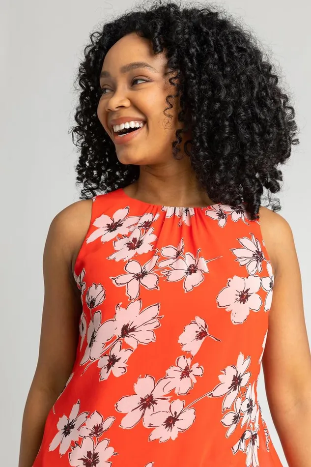 Women Red Petite Floral Print Frill Hem Top Roman Tops