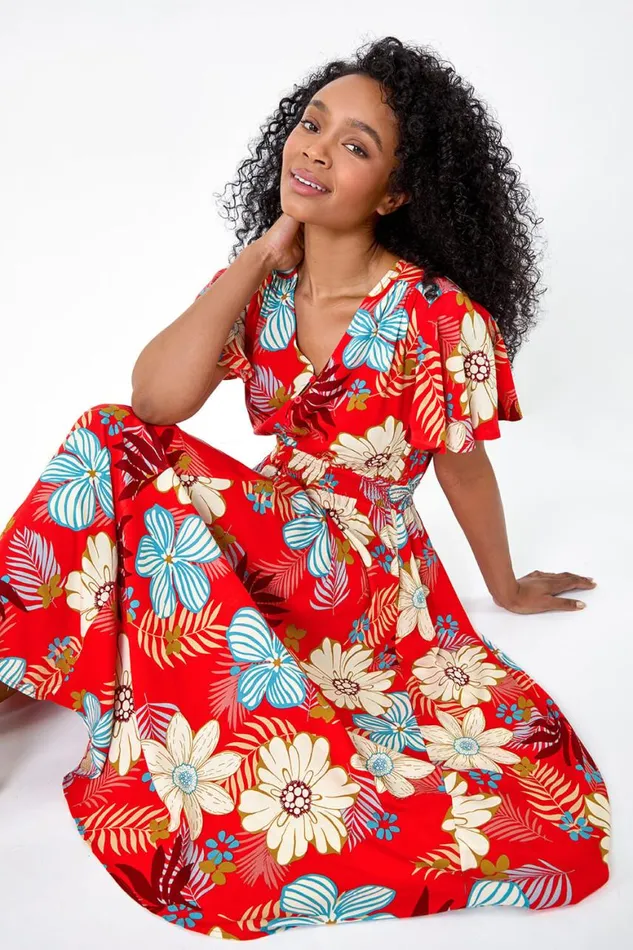 Women Red Petite Floral Print Shirred Midi Dress Roman Dresses