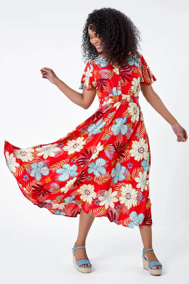 Women Red Petite Floral Print Shirred Midi Dress Roman Dresses