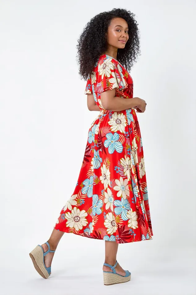 Women Red Petite Floral Print Shirred Midi Dress Roman Dresses