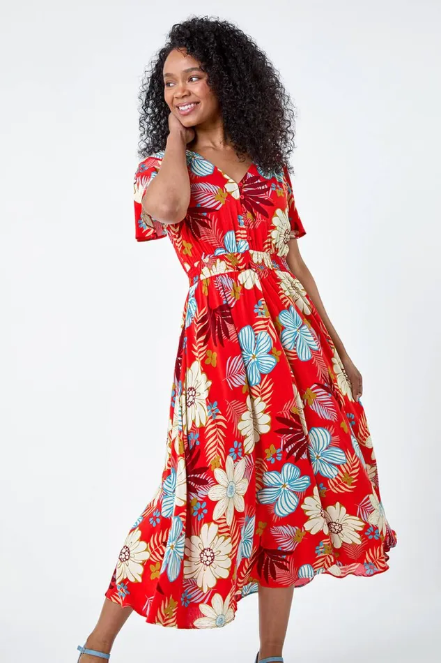 Women Red Petite Floral Print Shirred Midi Dress Roman Dresses