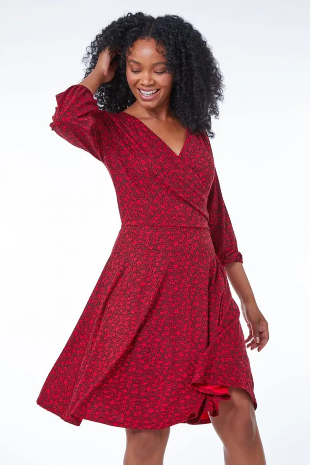 Women Red Petite Floral Print Wrap Dress Roman Dresses