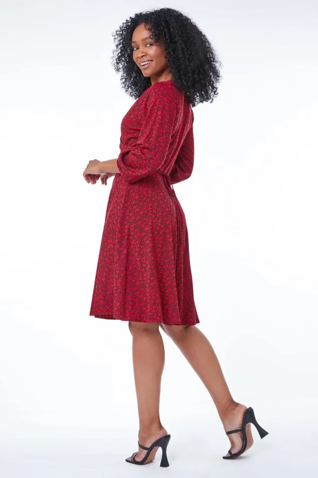 Women Red Petite Floral Print Wrap Dress Roman Dresses