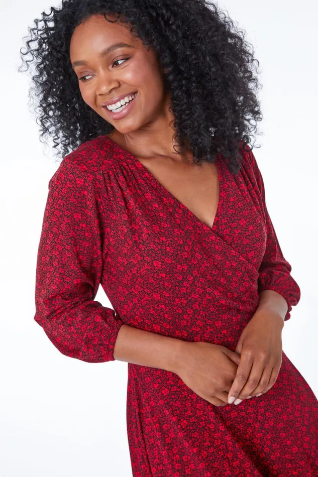 Women Red Petite Floral Print Wrap Dress Roman Dresses