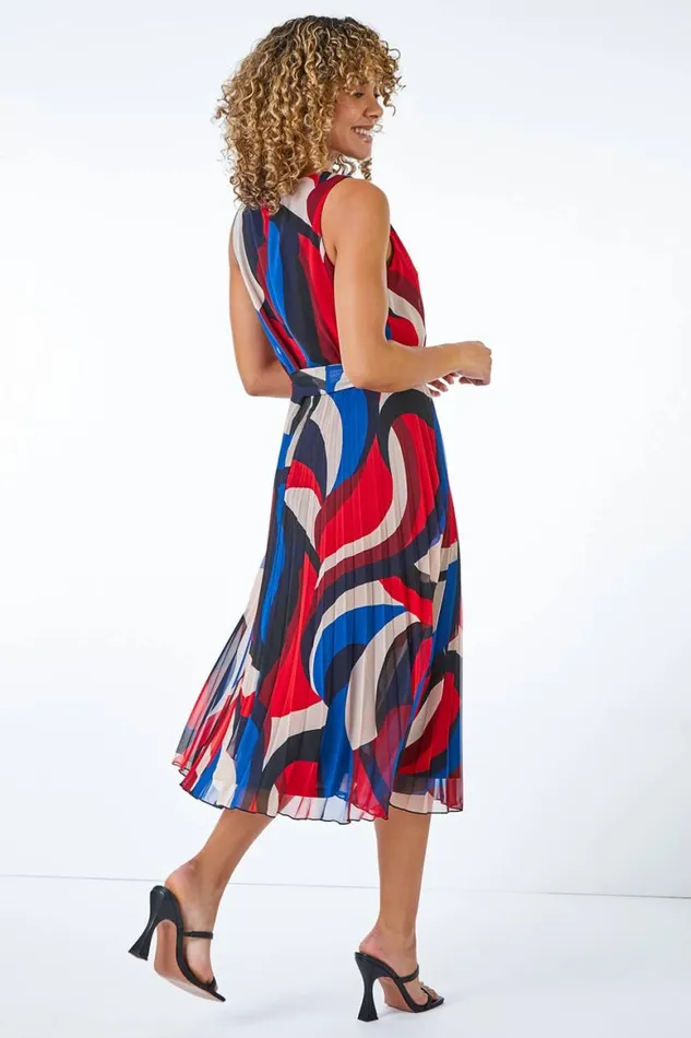 Women Red Petite Pleated Print Midi Dress Roman Dresses