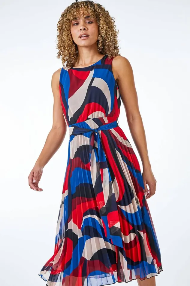Women Red Petite Pleated Print Midi Dress Roman Dresses