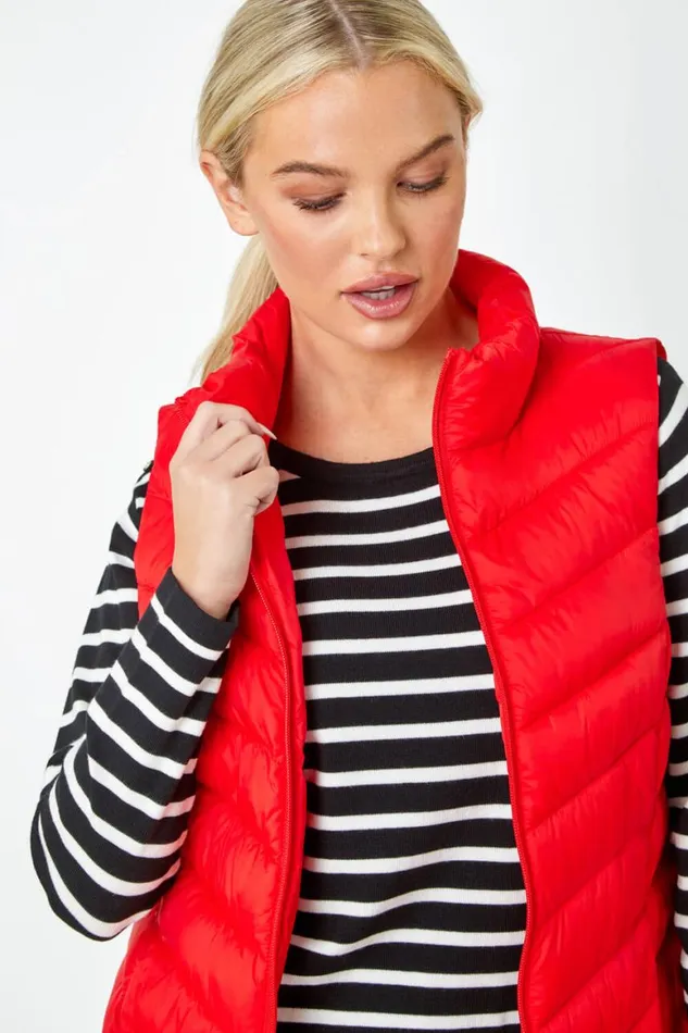 Women Red Petite Quilted Padded Gilet Roman Coats