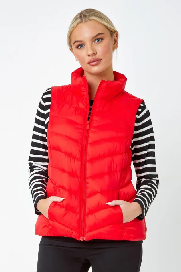 Women Red Petite Quilted Padded Gilet Roman Coats
