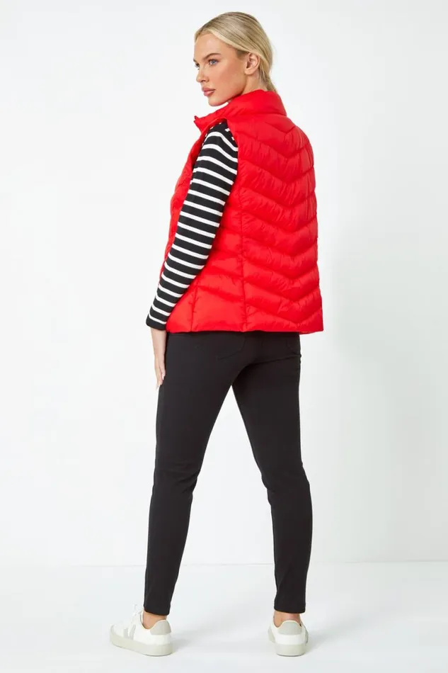 Women Red Petite Quilted Padded Gilet Roman Coats