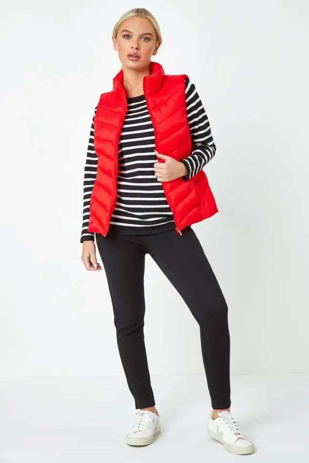 Women Red Petite Quilted Padded Gilet Roman Coats