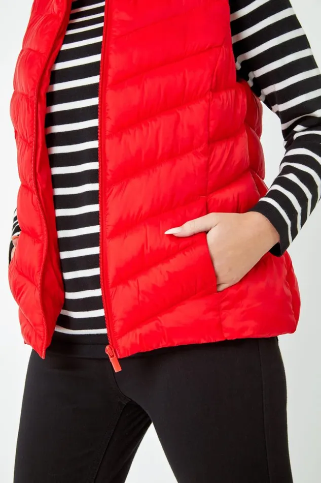 Women Red Petite Quilted Padded Gilet Roman Coats