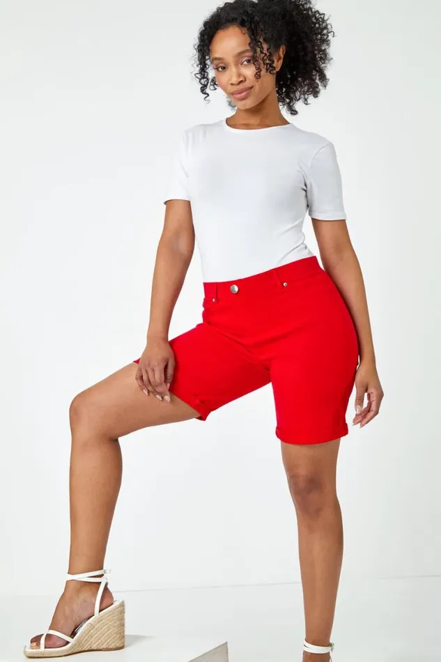Women Red Petite Turned Hem Elastic Waist Shorts Roman Shorts