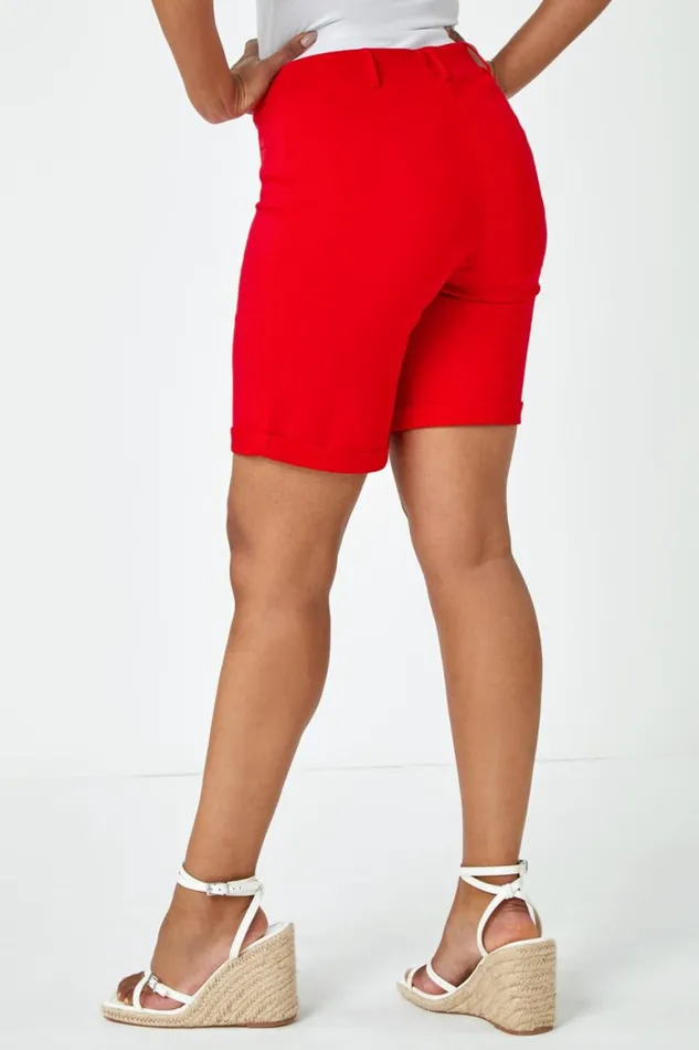 Women Red Petite Turned Hem Elastic Waist Shorts Roman Shorts