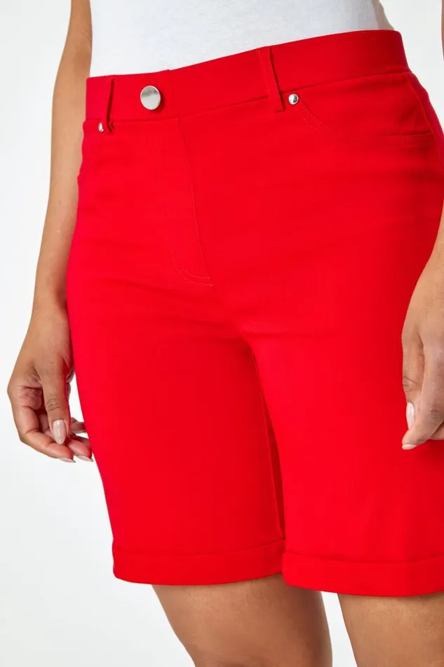 Women Red Petite Turned Hem Elastic Waist Shorts Roman Shorts